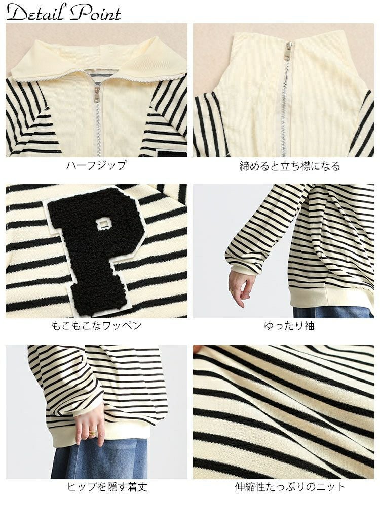 大きいサイズ レディース ハーフジップボーダーロゴニット goldy-1796