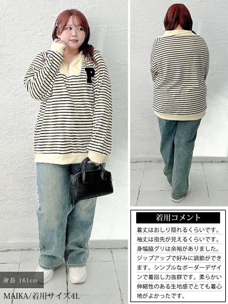 大きいサイズ レディース ハーフジップボーダーロゴニット goldy-1796