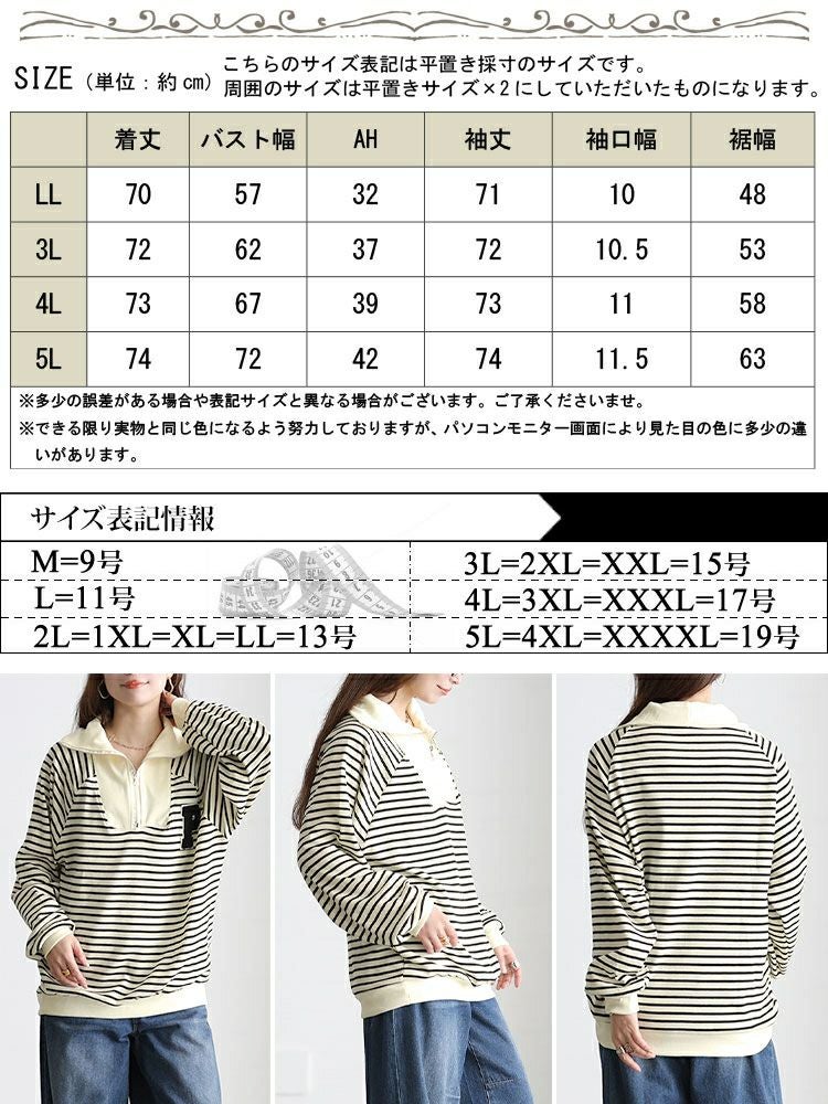 大きいサイズ レディース ハーフジップボーダーロゴニット goldy-1796