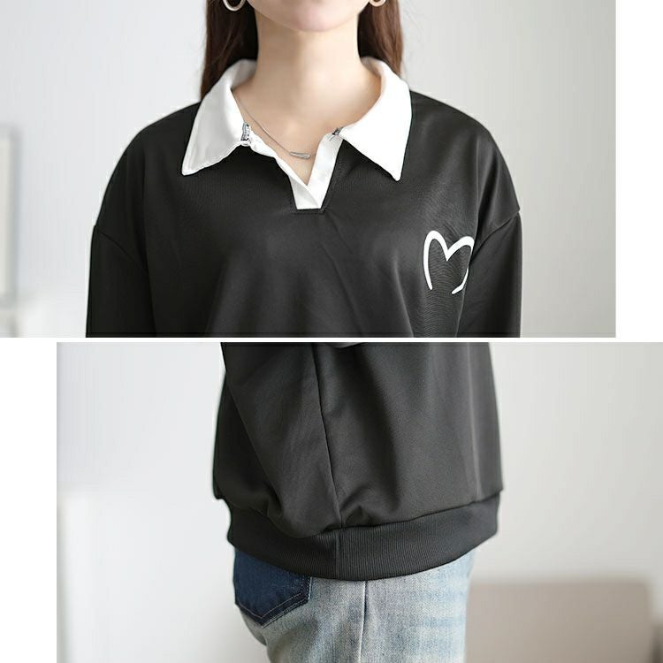 大きいサイズ レディース 襟付きハートロゴスウェットプルオーバー goldy-1795