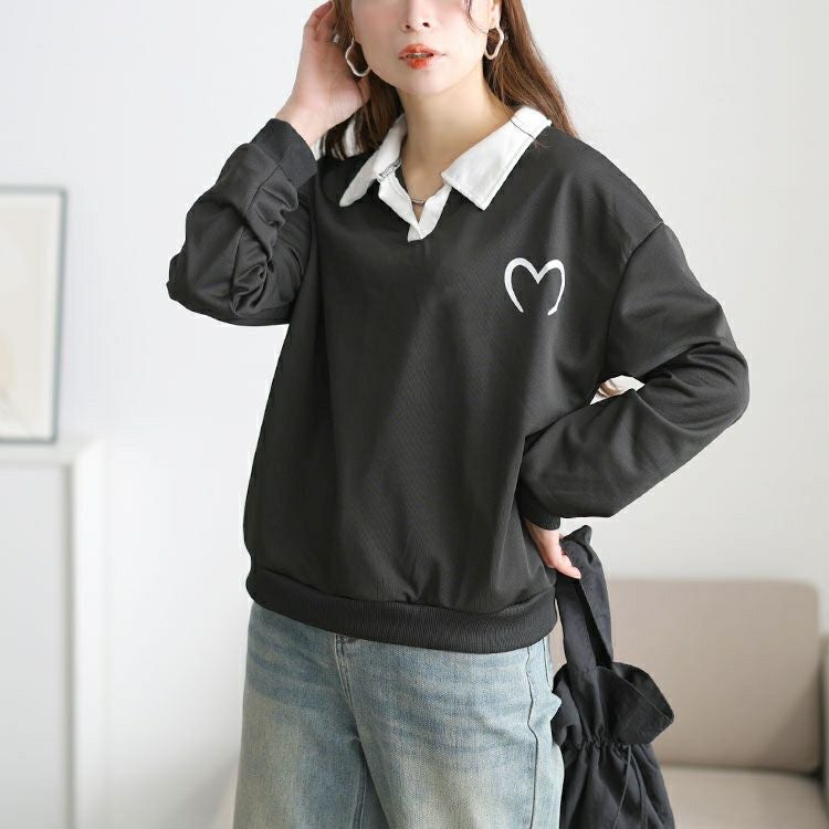 大きいサイズ レディース 襟付きハートロゴスウェットプルオーバー goldy-1795