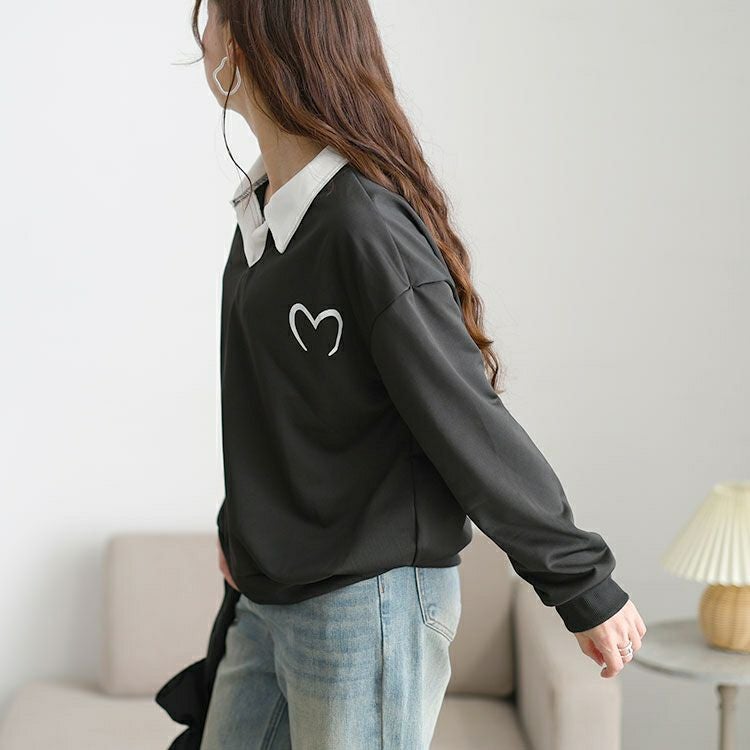 大きいサイズ レディース 襟付きハートロゴスウェットプルオーバー goldy-1795