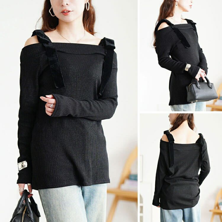 大きいサイズ レディース ベロアリボンオフショルラメリブニット maru-30211