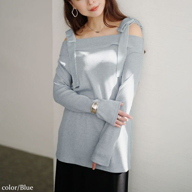 大きいサイズ レディース ベロアリボンオフショルラメリブニット maru-30211