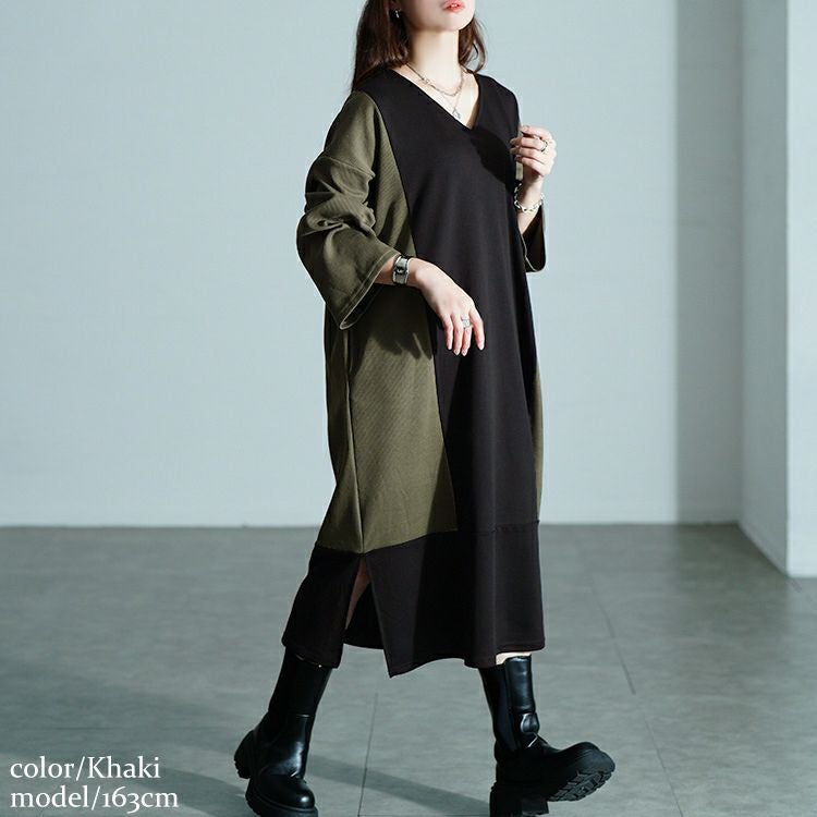 大きいサイズ レディース 異素材切り替えバイカラーワンピース maru-30207