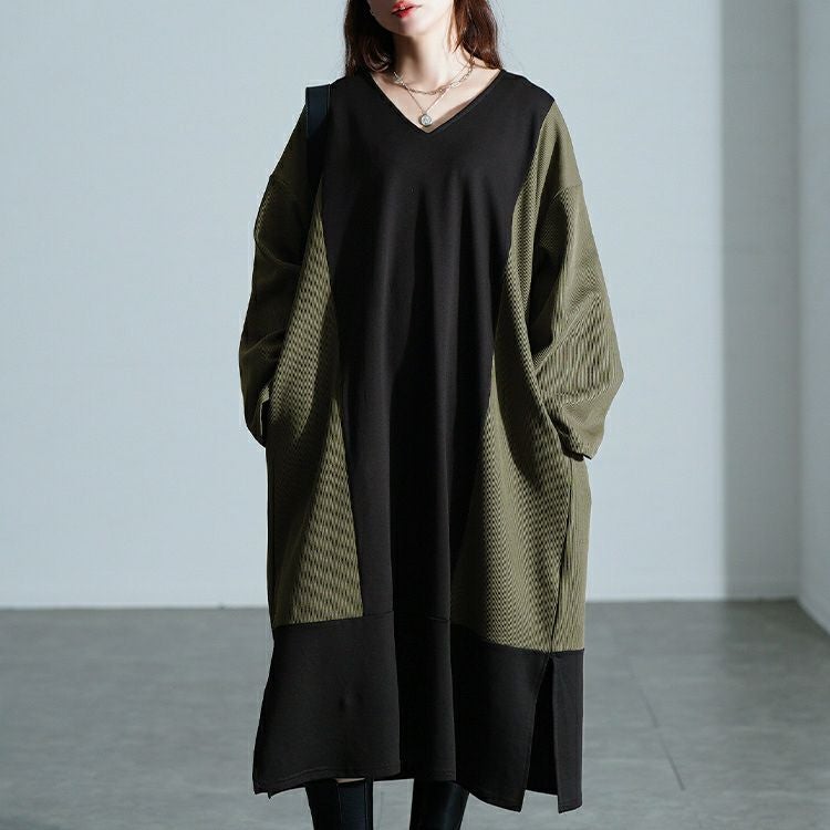 大きいサイズ レディース 異素材切り替えバイカラーワンピース maru-30207