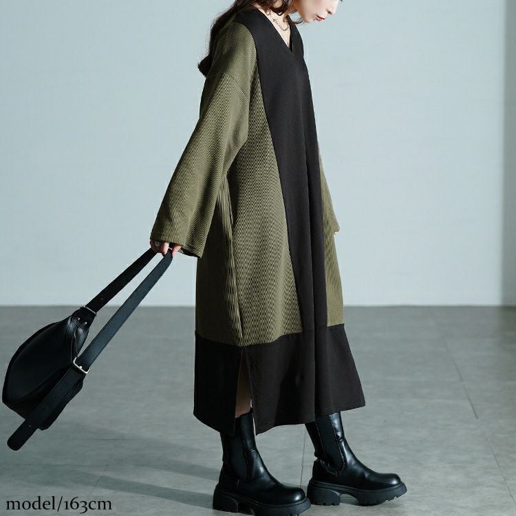 大きいサイズ レディース 異素材切り替えバイカラーワンピース maru-30207