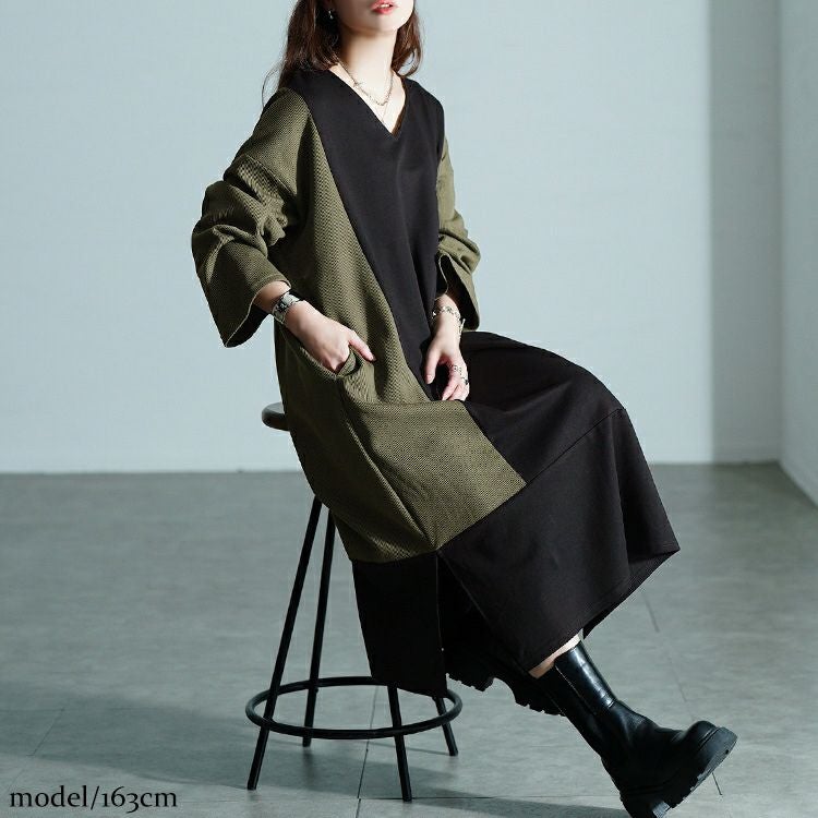 大きいサイズ レディース 異素材切り替えバイカラーワンピース maru-30207