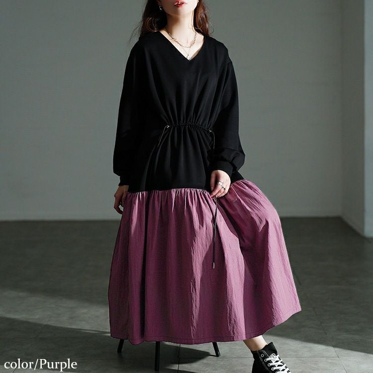 大きいサイズ レディース ウエストドロストフレアドッキングワンピース maru-30206