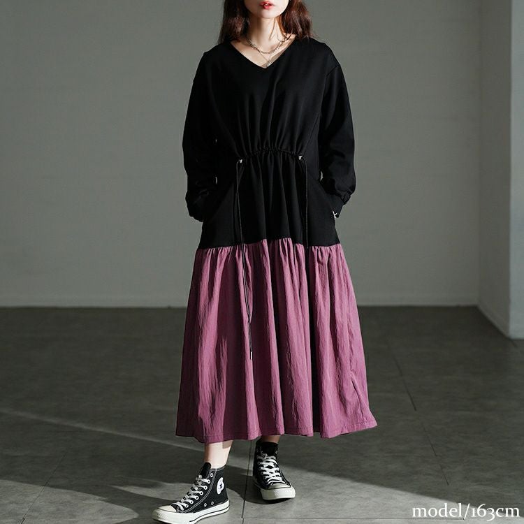 大きいサイズ レディース ウエストドロストフレアドッキングワンピース maru-30206