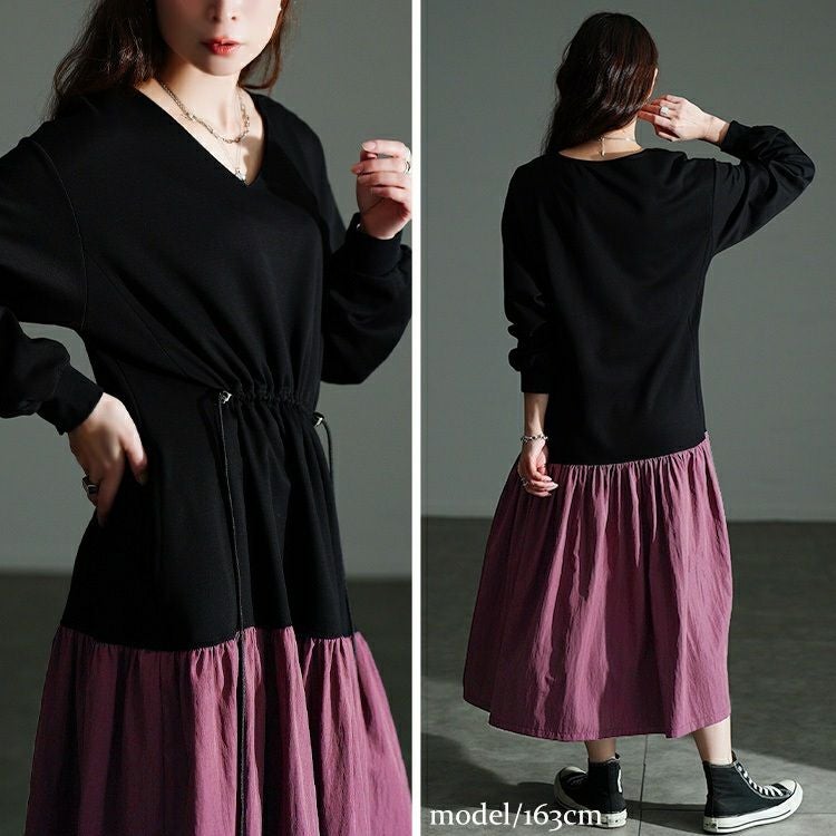 大きいサイズ レディース ウエストドロストフレアドッキングワンピース maru-30206