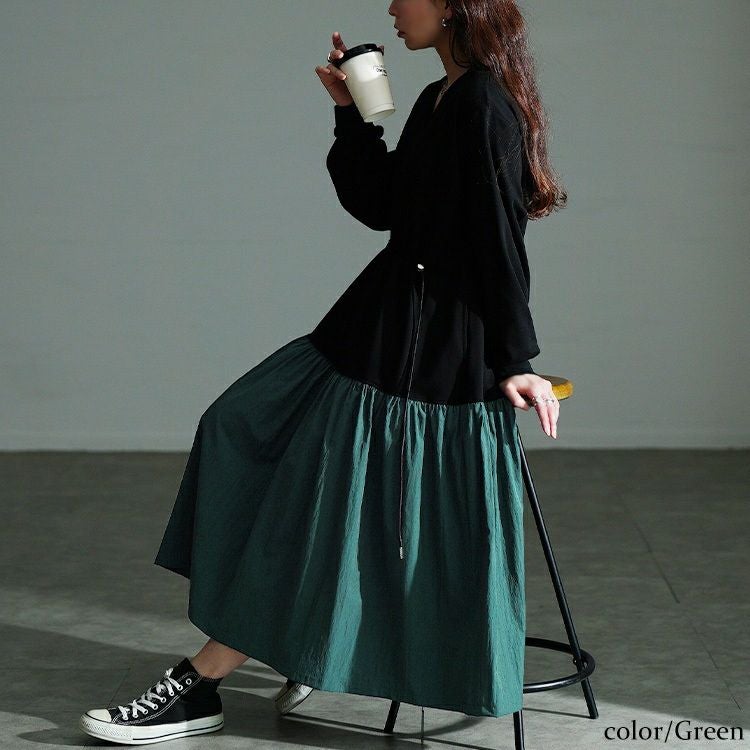 大きいサイズ レディース ウエストドロストフレアドッキングワンピース maru-30206