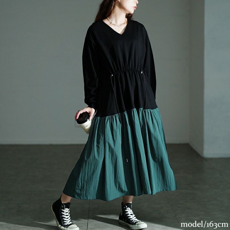 大きいサイズ レディース ウエストドロストフレアドッキングワンピース maru-30206