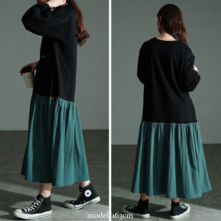 大きいサイズ レディース ウエストドロストフレアドッキングワンピース maru-30206