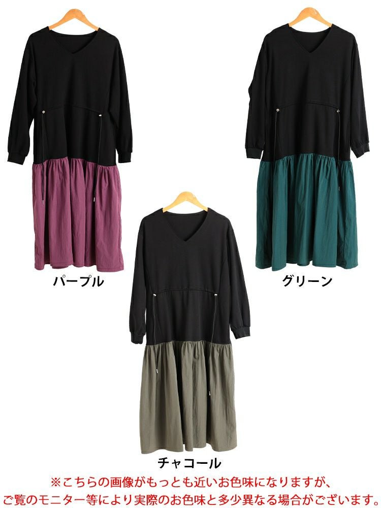 大きいサイズ レディース ウエストドロストフレアドッキングワンピース maru-30206