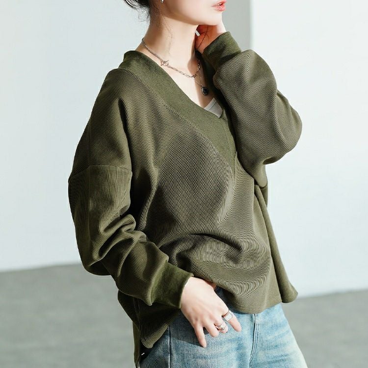 三尋木奈保コラボ デプレ Ｖネックニット カーキ 大きいサイズ レディース 深Vネックニットソーワイドプルオーバー maru