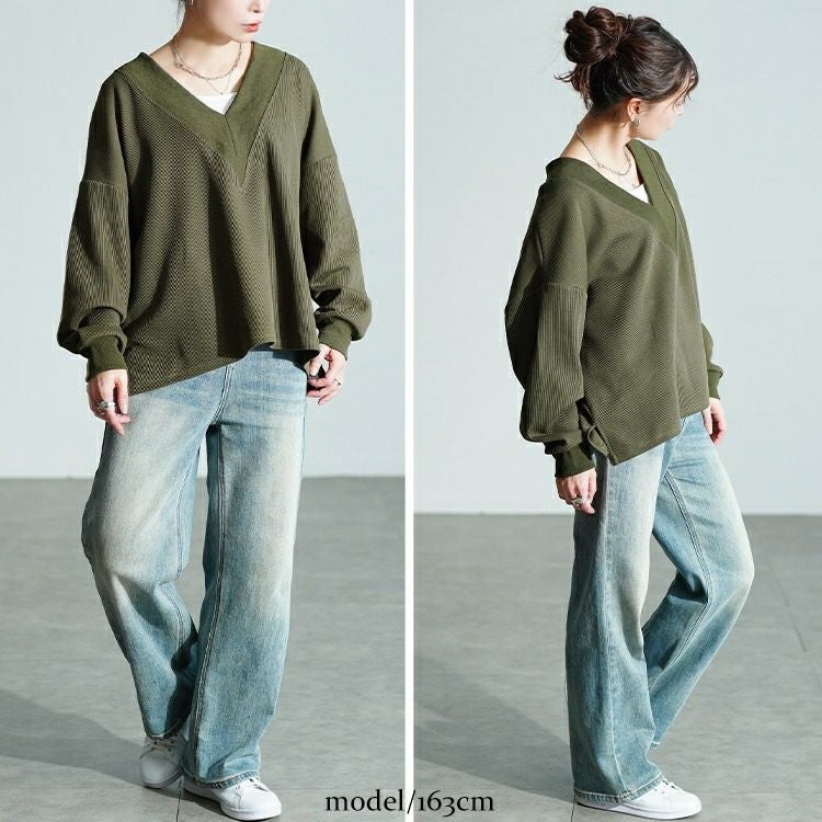 大きいサイズ レディース 深Vネックニットソーワイドプルオーバー maru-30205