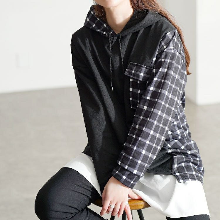 大きいサイズ レディース サイドチェック切替えアシンメトリーパーカー goldy-1801