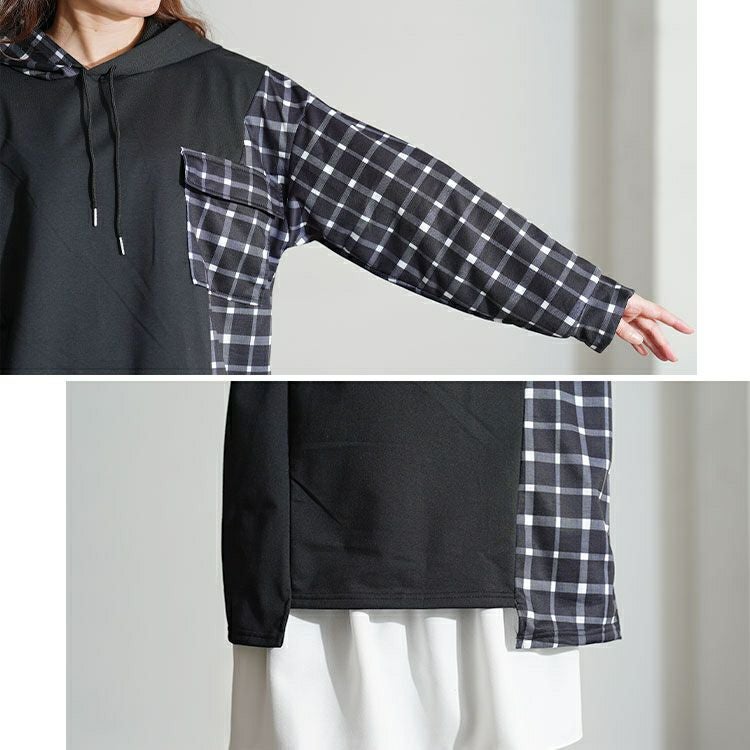 大きいサイズ レディース サイドチェック切替えアシンメトリーパーカー goldy-1801