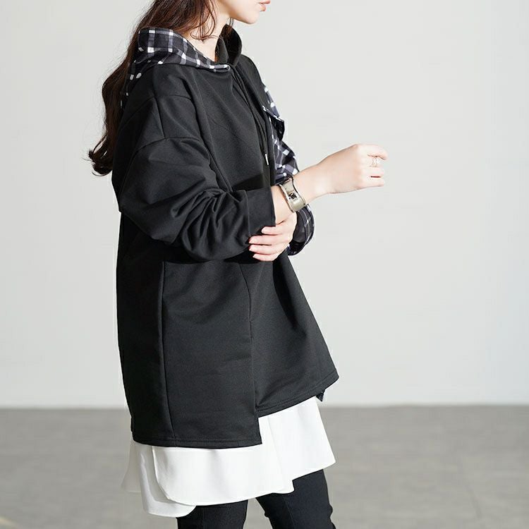 大きいサイズ レディース サイドチェック切替えアシンメトリーパーカー goldy-1801