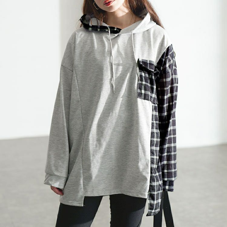 大きいサイズ レディース サイドチェック切替えアシンメトリーパーカー goldy-1801