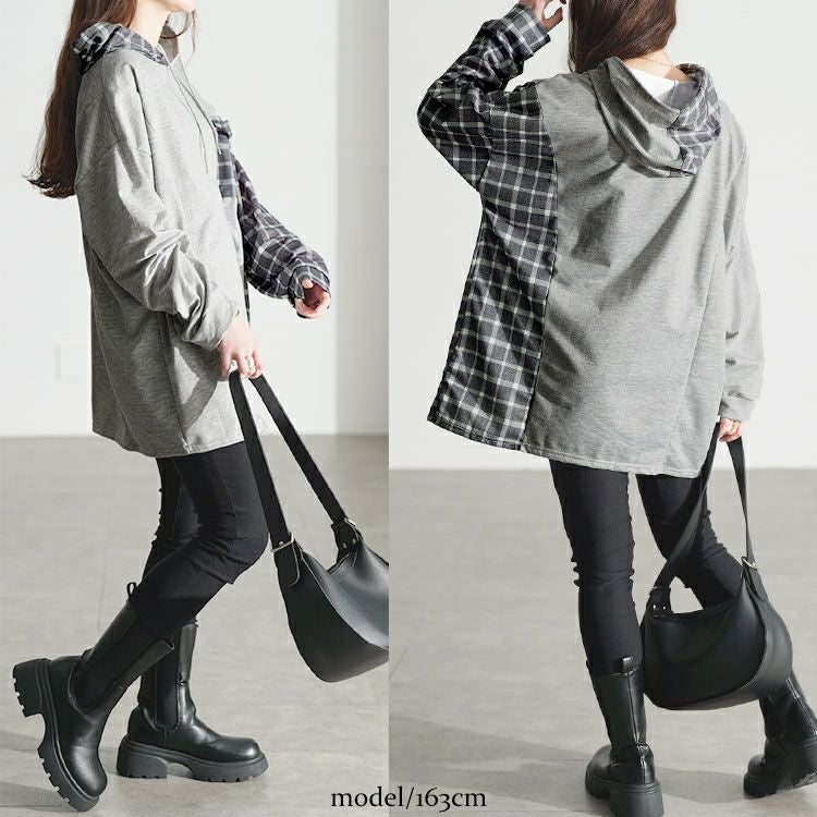 大きいサイズ レディース サイドチェック切替えアシンメトリーパーカー goldy-1801