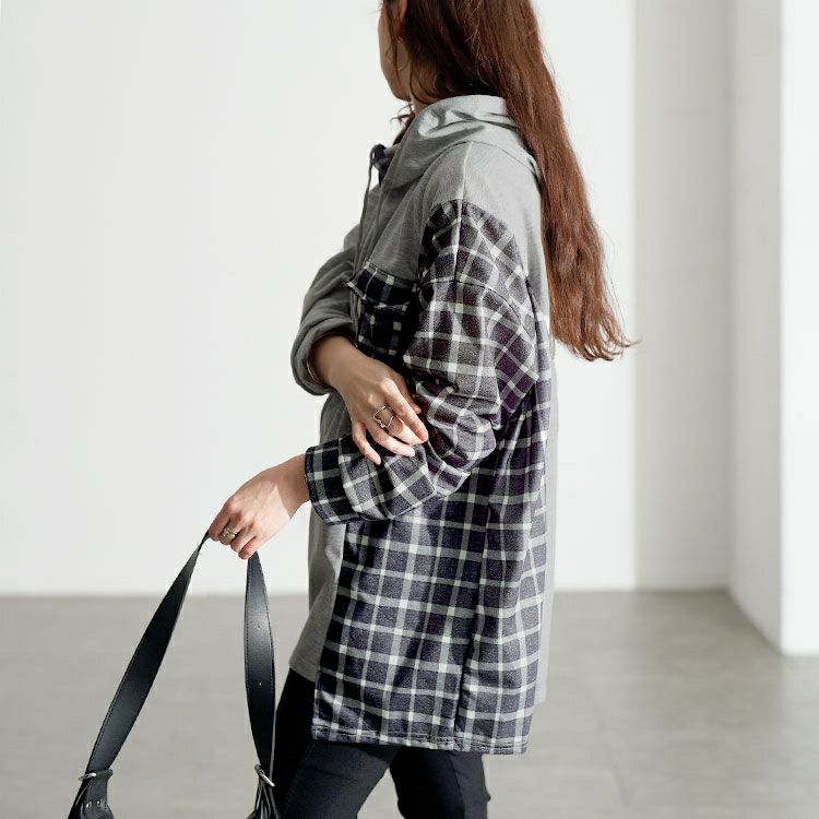 大きいサイズ レディース サイドチェック切替えアシンメトリーパーカー goldy-1801