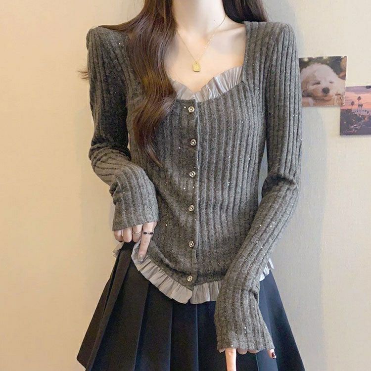 大きいサイズ レディース ビジューボタンフリルラメニットカーディガン goldy-1792