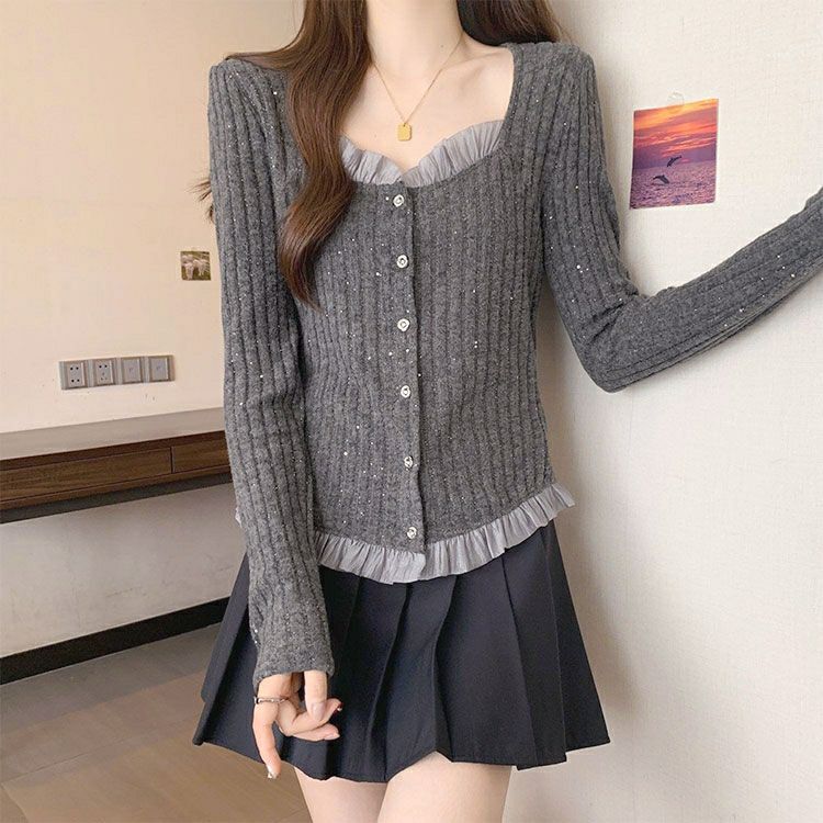 大きいサイズ レディース ビジューボタンフリルラメニットカーディガン goldy-1792