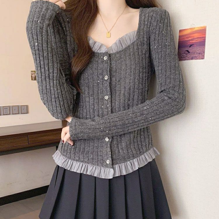 大きいサイズ レディース ビジューボタンフリルラメニットカーディガン goldy-1792