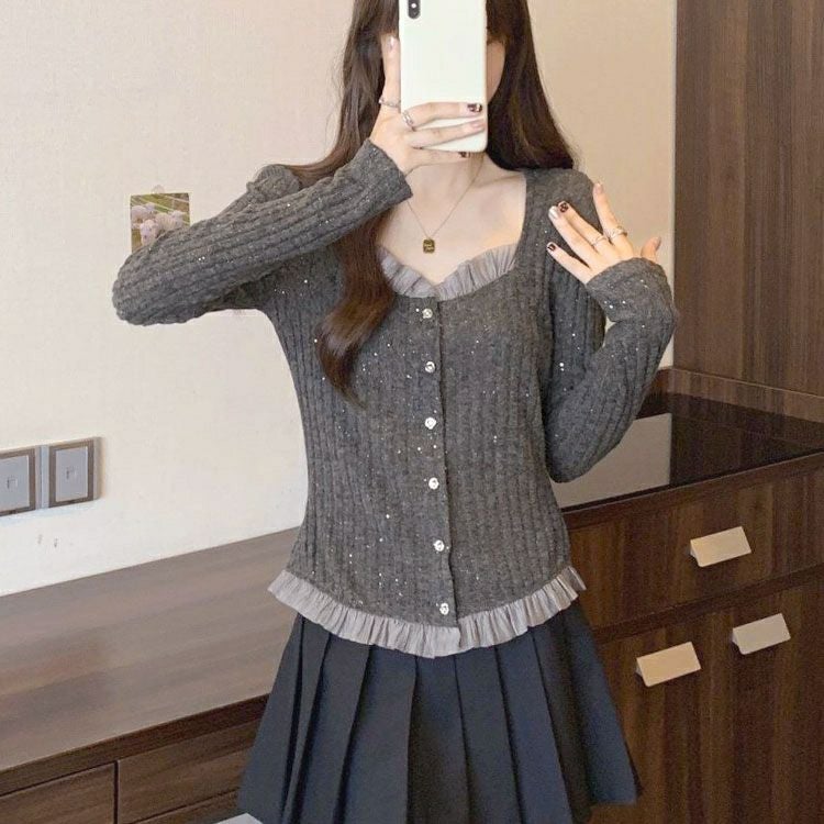 大きいサイズ レディース ビジューボタンフリルラメニットカーディガン goldy-1792