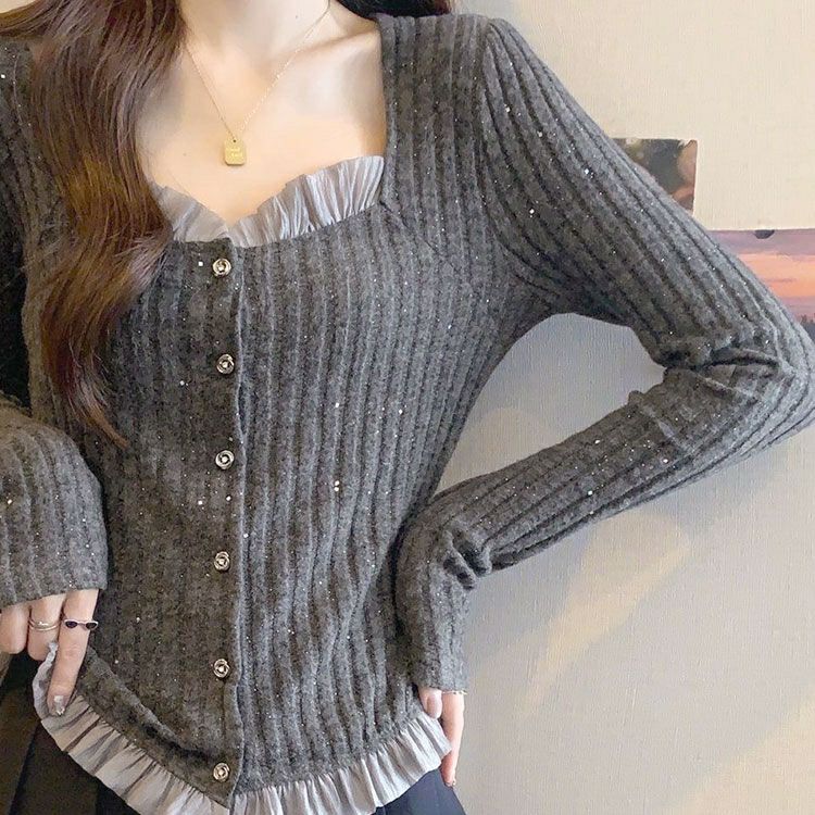 大きいサイズ レディース ビジューボタンフリルラメニットカーディガン goldy-1792