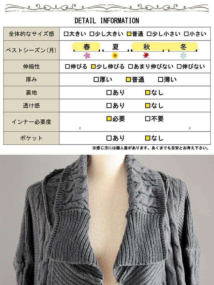 大きいサイズ レディース ケーブル編みニットコーディガン goldy-1783