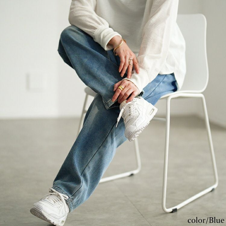 大きいサイズ レディース 裏フリース配色ストレートデニムパンツ goldy-1780