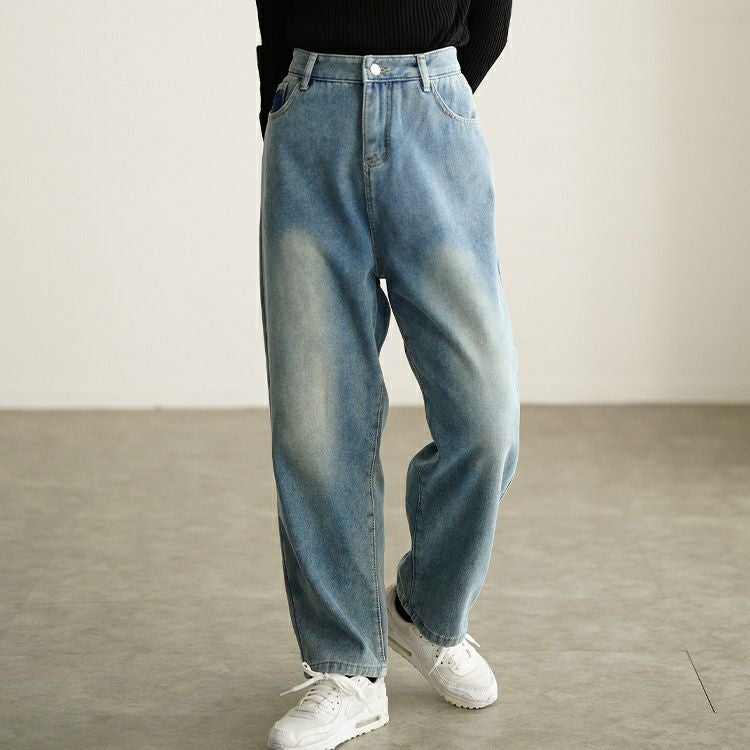 大きいサイズ レディース 裏フリース配色ストレートデニムパンツ goldy-1780