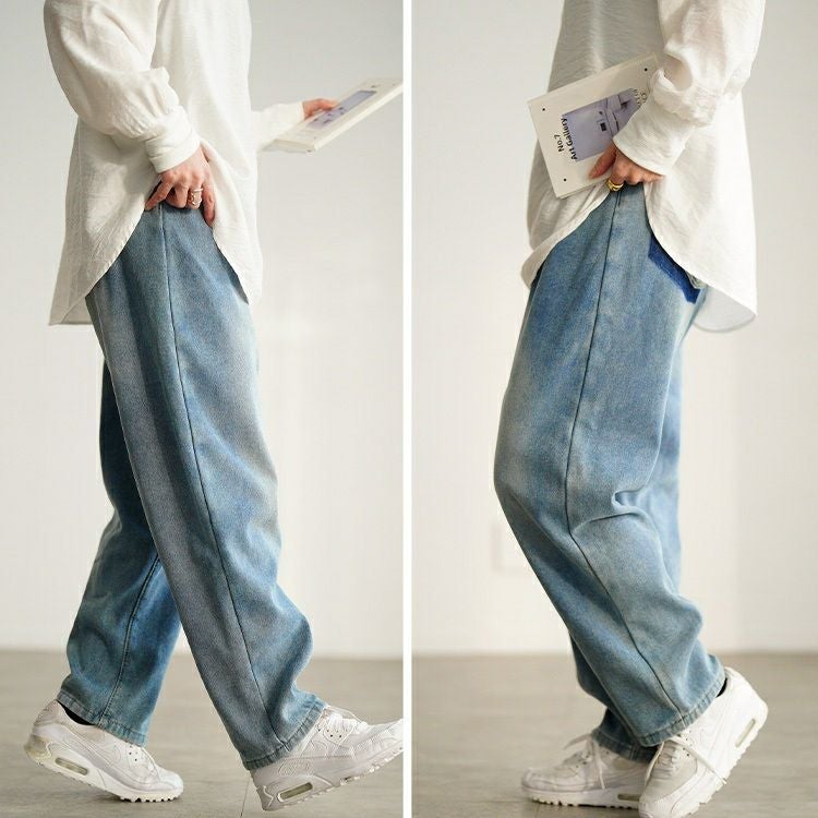 大きいサイズ レディース 裏フリース配色ストレートデニムパンツ goldy-1780