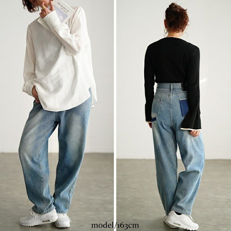 大きいサイズ レディース 裏フリース配色ストレートデニムパンツ goldy-1780