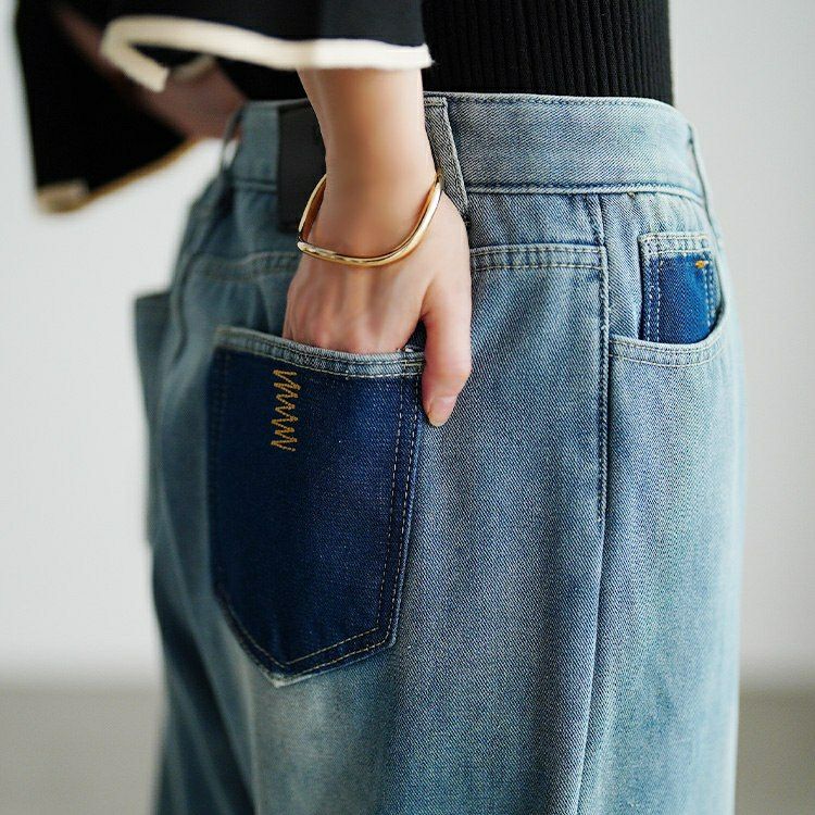 大きいサイズ レディース 裏フリース配色ストレートデニムパンツ goldy-1780