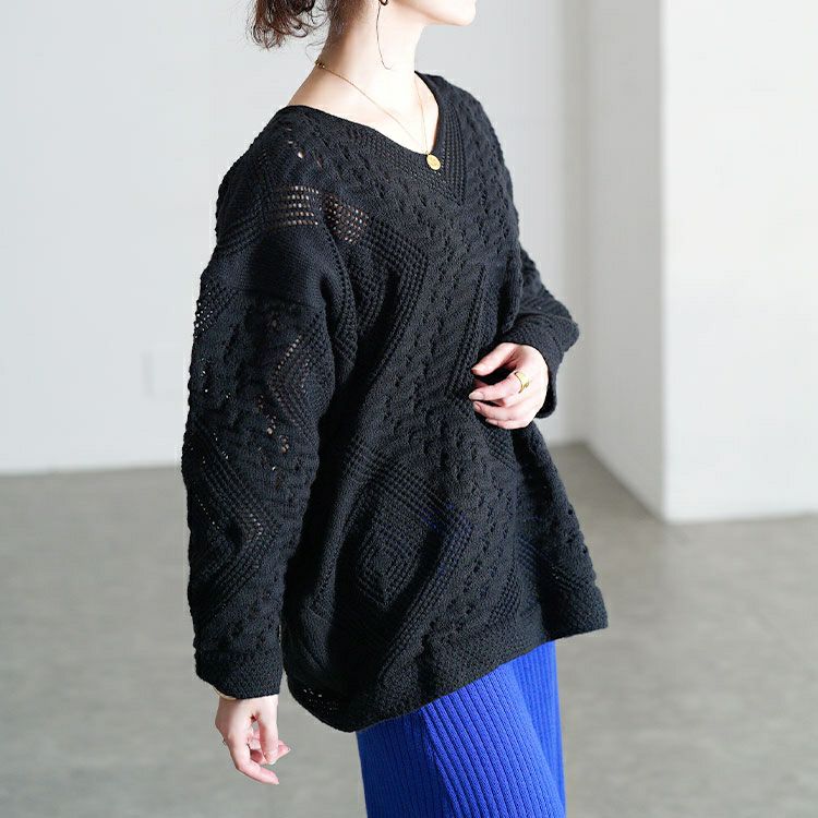 大きいサイズ レディース 透かし編みVネックニットプルオーバー goldy-1806