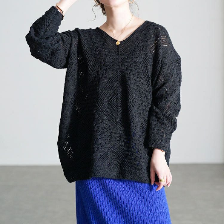 大きいサイズ レディース 透かし編みVネックニットプルオーバー goldy-1806