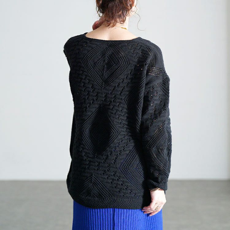 大きいサイズ レディース 透かし編みVネックニットプルオーバー goldy-1806