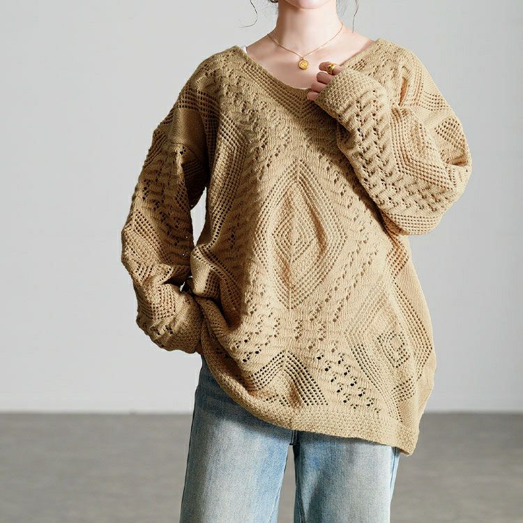 大きいサイズ レディース 透かし編みVネックニットプルオーバー goldy