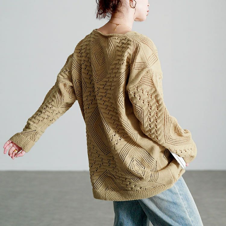 大きいサイズ レディース 透かし編みVネックニットプルオーバー goldy-1806