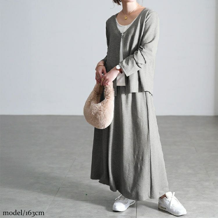 大きいサイズ レディース レイヤード風トップス＆ロングスカート2点セット goldy-1805