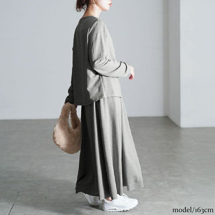 大きいサイズ レディース レイヤード風トップス＆ロングスカート2点セット goldy-1805