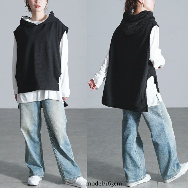 大きいサイズ レディース ダメージロンT＆フーディーベスト2点セット goldy-1804