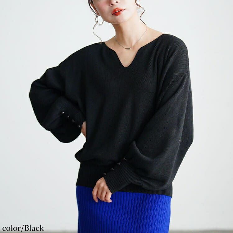 大きいサイズ レディース ボリュームスリーブキーネックニット jp573