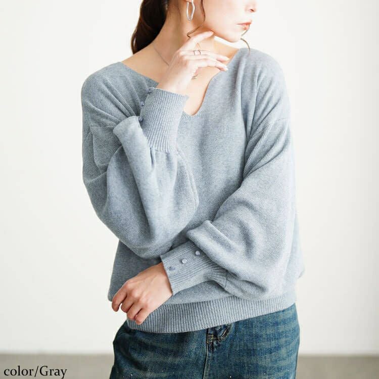 大きいサイズ レディース ボリュームスリーブキーネックニット jp573