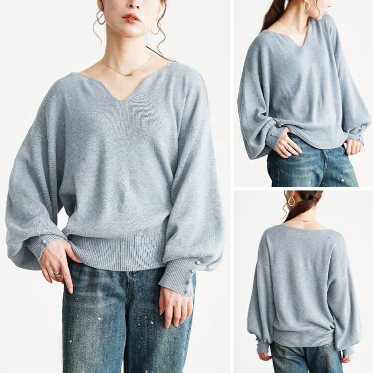 大きいサイズ レディース ボリュームスリーブキーネックニット jp573