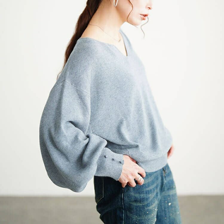 大きいサイズ レディース ボリュームスリーブキーネックニット jp573